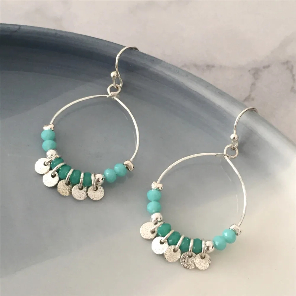 Trendy Women Cute Hoop Earrings Light-Blue and Light Green Beads with Small Silver-Color Disk Charm Hoop Earrings