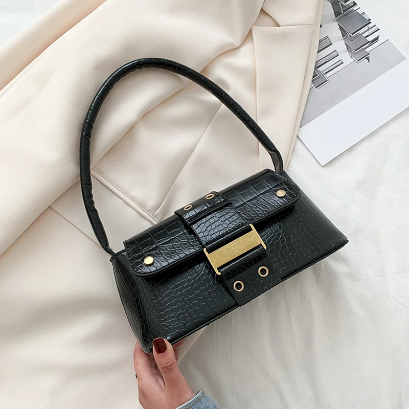 

New design flip women armpits bags solid colors underarm buckle shoulder bags crocodile pattern pu leather female baguette