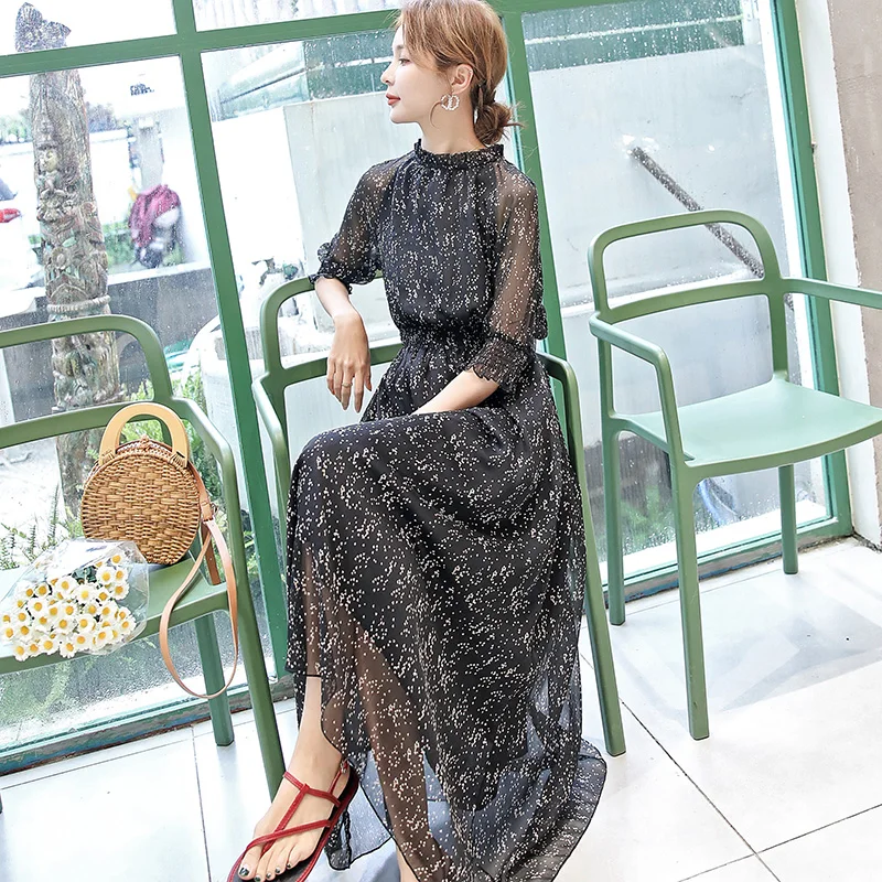 

Женское шифоновое платье, с цветочным принтом, черного цвета, в стиле гербана, элегантное, подчеркивающее фигуру, облегающее талию, Сетчатое...