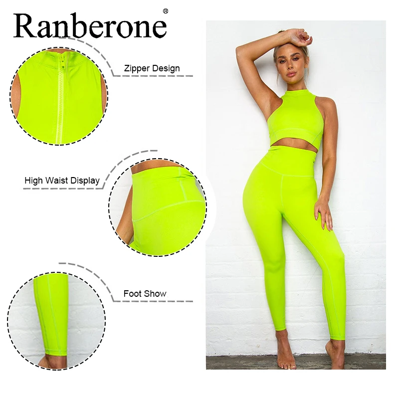 Ranberone Yoga Sets Women Sportswear Zipper Crop Tops Fluorescent Color Push Up Leggings Yoga Suit Women's Tracksuits 2021