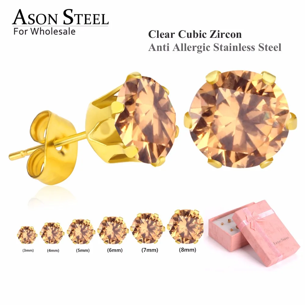 ASON, стальные серьги-гвоздики для женщин, розовый цвет, Круглый AAA кристалл, 6 пар/кор., набор сережек, нержавеющая сталь, Mujer Bijoux, подарок для любви