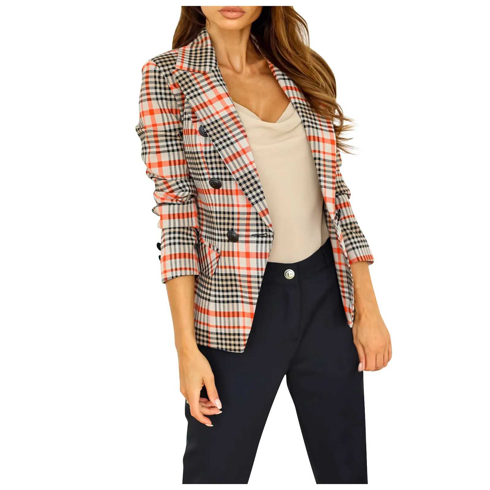 

2021 New Fashion Plaid Suit Jackets Office Lady Elegant Turn-Down Collar Long Sleeve Suit Jackets With Pockets manteau femme