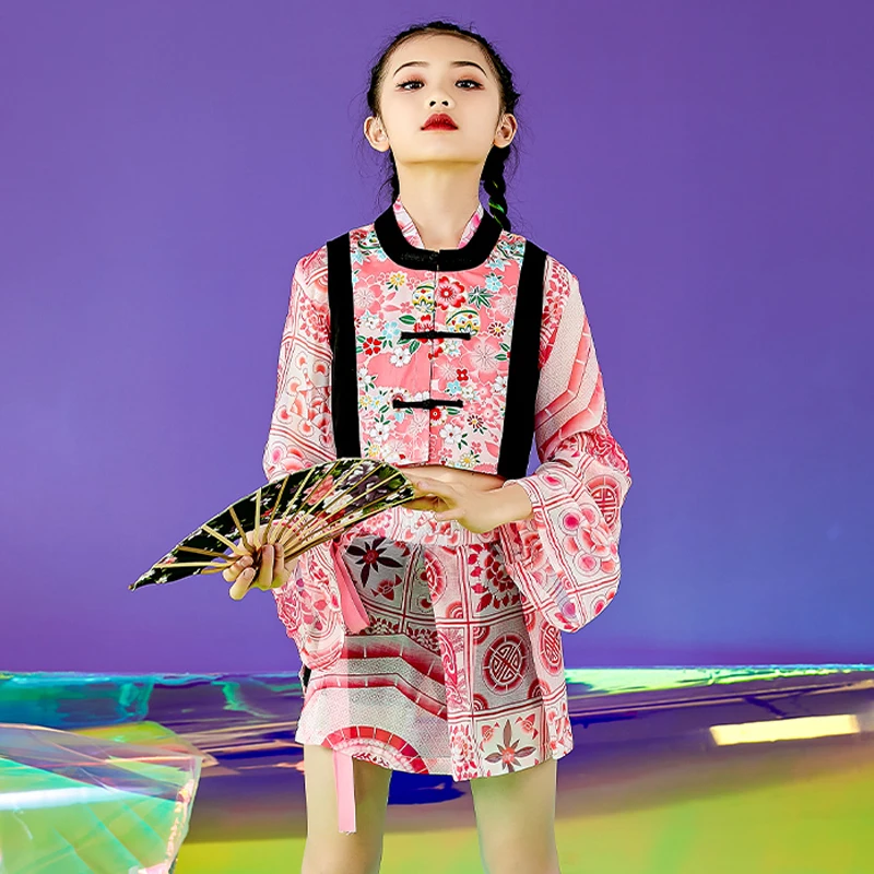 

Jazz Costume Girls Hip Hop Clothing Chinese Catwalk Pink Suit Dancing Performance Outfit Kids Street Dance Clothes WD0076