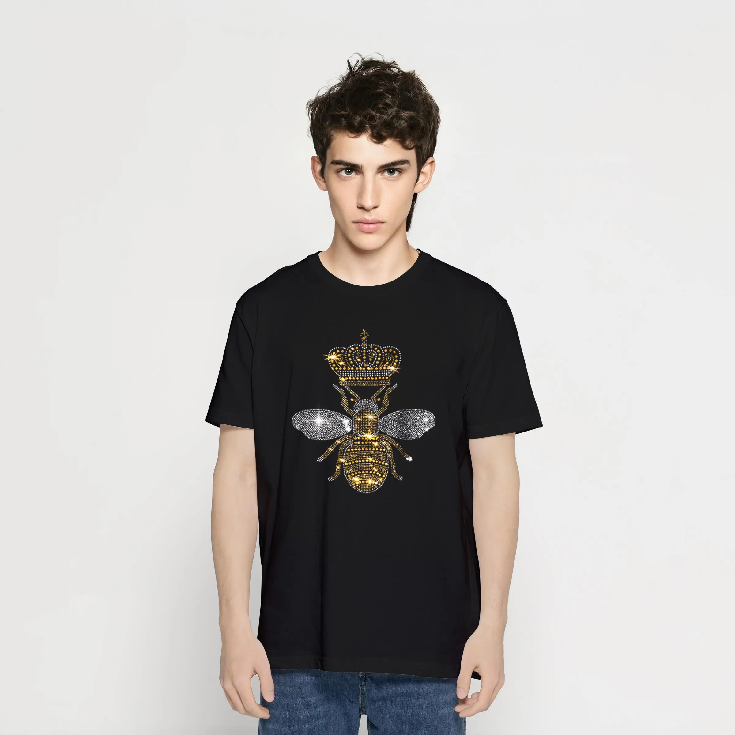 

CINSY Mens Men T-shirt 2021 Solid Oversized Causal Outfits Of The Day Crown And Bee Print Japanese Streetwear T-shirts For Men