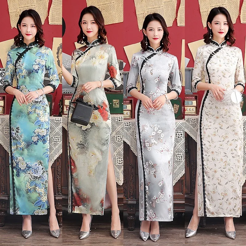 

FZSLCYIYI китайское женское традиционное платье с рукавом «Семь четверти», шелковое атласное платье Cheongsam, сексуальное длинное свадебное плать...