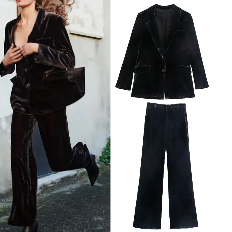 

British style Women's Fleece-lined Suit Za 2021 Autumn Fashion 2 Sets Velvet Blazers And Straight-leg pants Female Blazers Suit