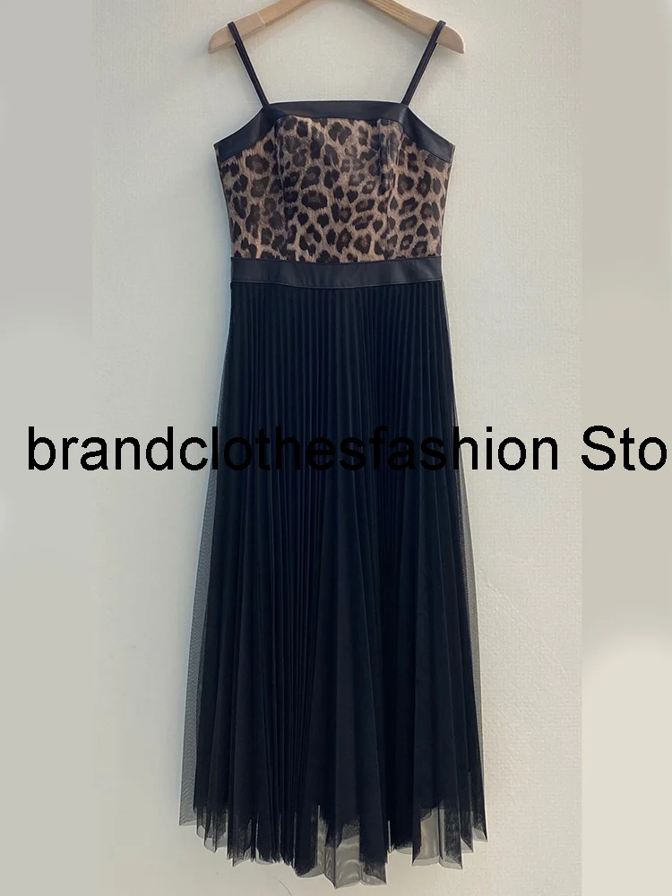 

Leopard Print Sheepskin Patchwork Two Layer Mesh Spaghetti Strap Midi Dress Women High Quality A-Line Skirt Lady 2021 New Autumn
