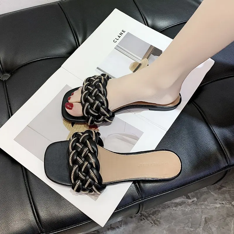 

Female Shoes Slippers Women Summer Slides Square Toe Low Fashion 2021 Flat Beach Rubber Luxury PU Basic Chain Shoes Womens Slipp