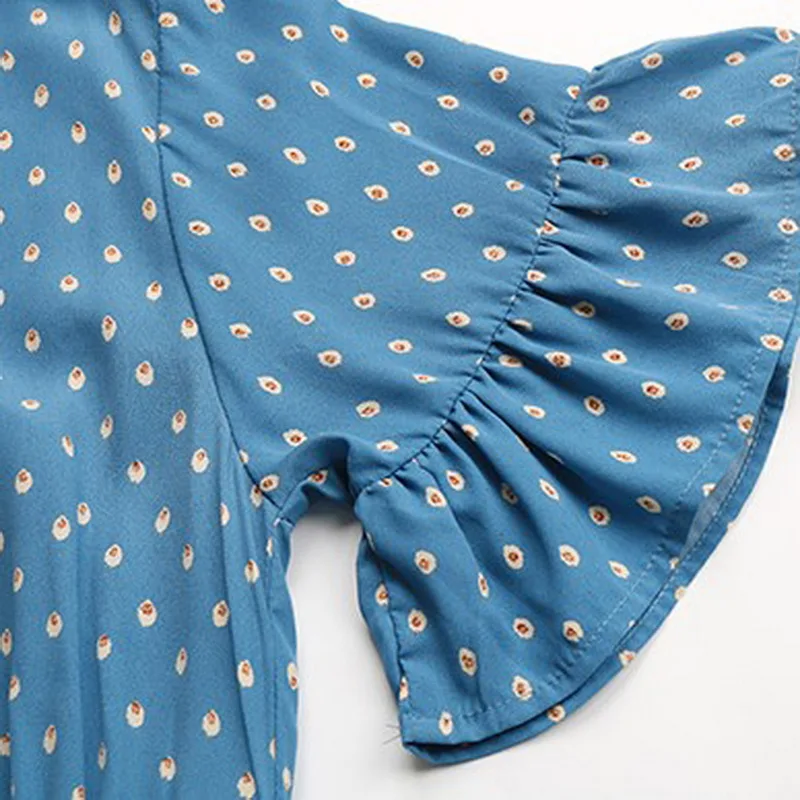 

2021 Hot Sell New Summer Women Elegant Round Neck Polka Dot Lotus Leaf Short Sleeve Long Dress Boho Holiday Vintage Lace Up