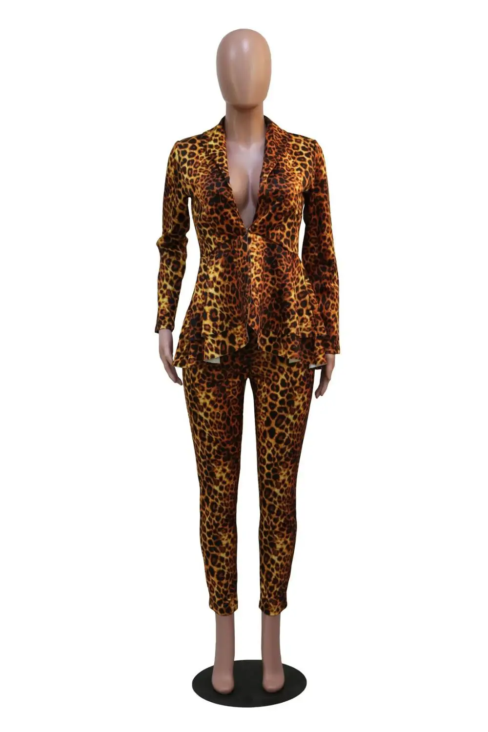 Autumn Spring Women Set Tracksuit Full Sleeve Ruffles Top Long Pants Leopard Print Two Piece Fashion Casual OL Work Outfits |