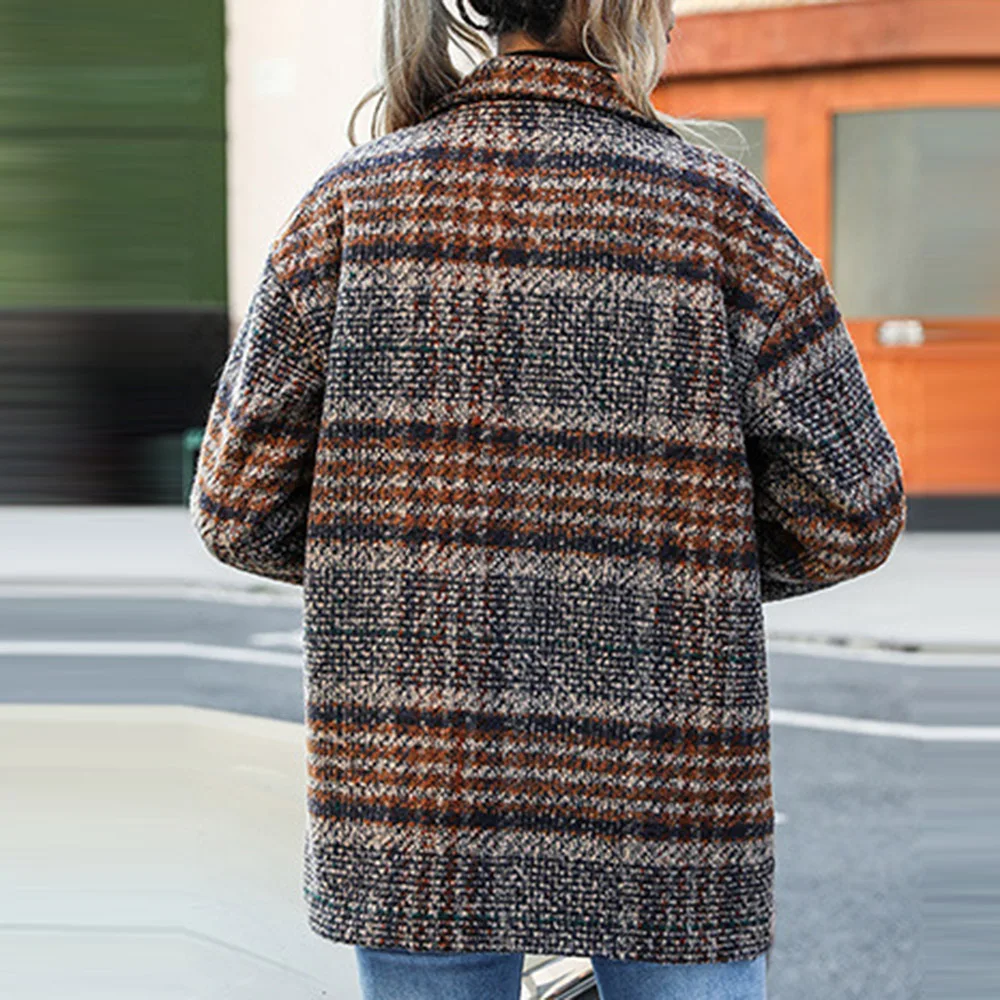 

Western Style Casual Blazer Autumn Winter New Fashion Thicken Keep Warm Loose Casual Woolen Cloth Lattice Lapel Long Sleeve