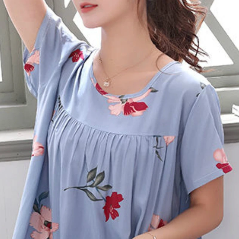 

Women Nightgowns Printed O-neck Soft Short Sleeve Chic Daily Comfortable Fashion Knee-length Sweet Casual Womens Sleepwear New