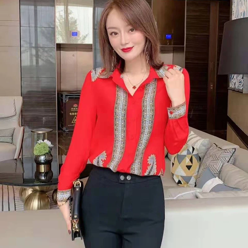 

VERDEJULIAY European Vintage Shirt Women 2020 Spring Top Quality 100% Pure Silk Romantic Royal Print Office Lady Red Blouse