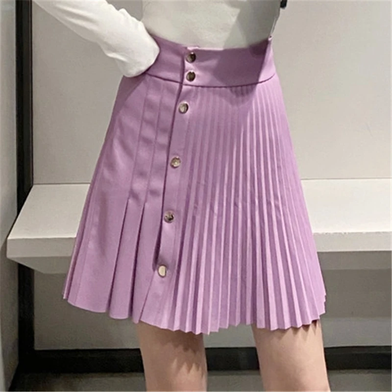 

Elegant women Faux Leather Skirts 2020 Fashion lady Pleated Patchwork Skirt Sweet Female Streetwear Button High Waist Mini Skirt