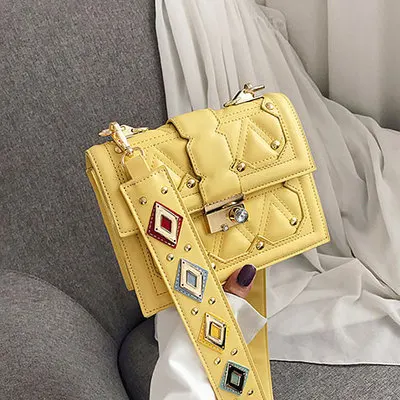 Yellow ETAILL цветная модная женская квадратная сумка с широким ремешком из искусственной кожи женская дизайнерская сумка с заклепками и цепочкой через плечо - Цвет: Yellow
