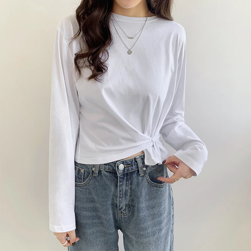 

2021 осенние укороченные топы, футболки, женская футболка с длинным рукавом, Женская хлопковая белая одежда для ранней осени, новая женская од...