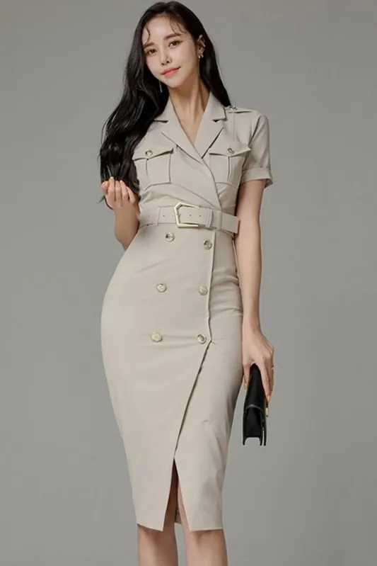 

2021 new summer suit collar slim double breasted dress female Korean style OL temperament slim bag hip dress