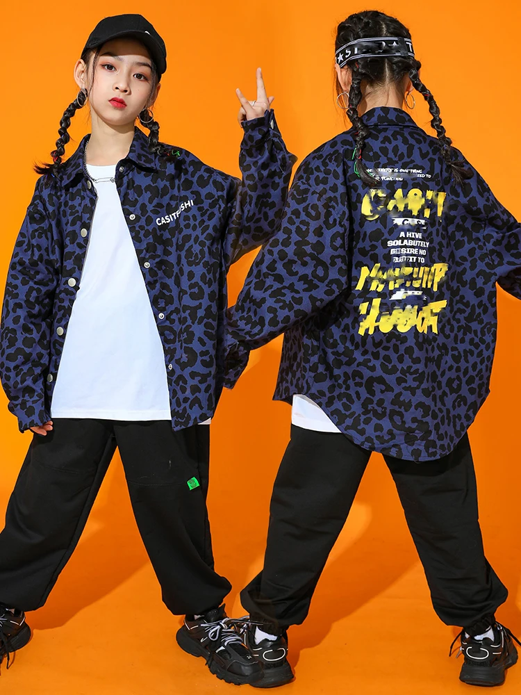 

Children'S Drums Jazz Dance Costumes Long Sleeve Leopard Coat Hiphop Pants Hip-Hop Clothes Girls Performance Rave Wear SL4715