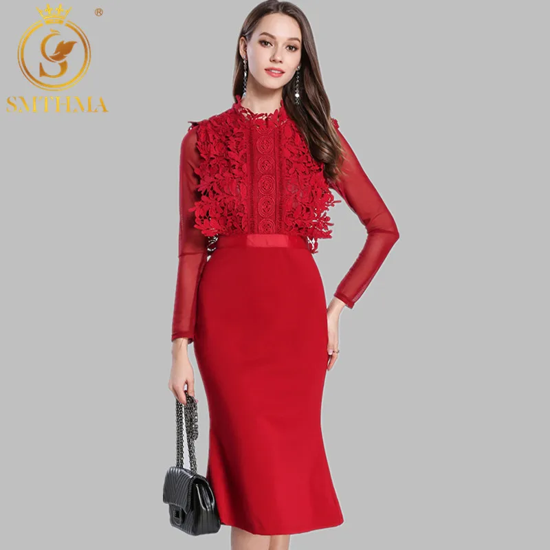 

SMTHMA HIGH QUALITY Newest 2021 Designer Runway Red Dress Women's Long Sleeve Lace Patchwork Mermaid Dress Vestidos