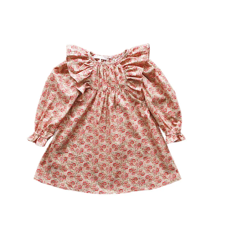 

2021 Summer Baby Girls Dress Vintage Children Floral Pattern Cotton Sweet Frock Baby Girls Holiday Long Sleeve Princess Dresses