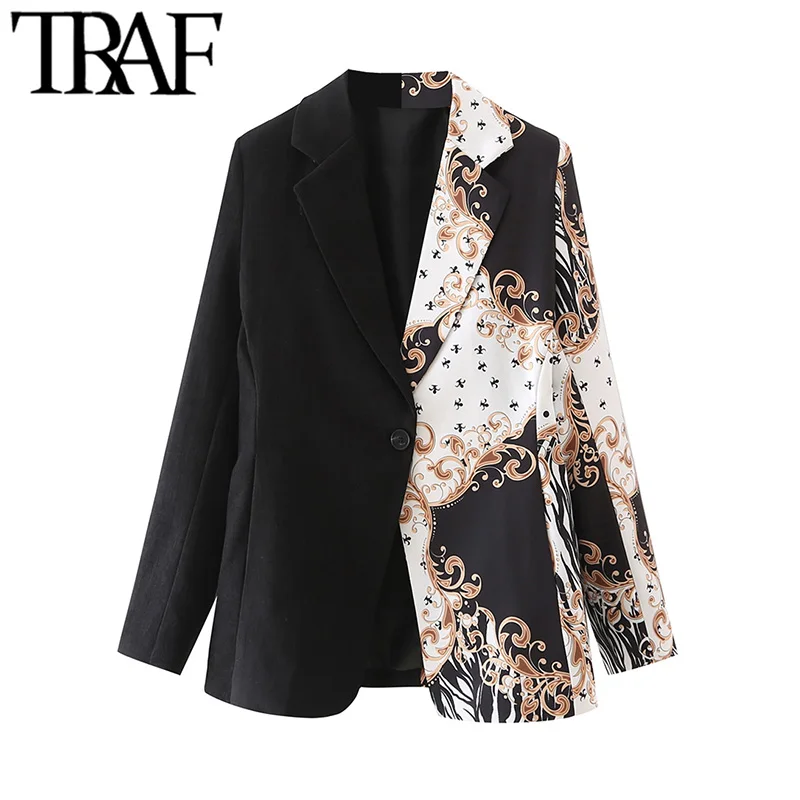 

TRAF Women Fashion Totem Print Patchwork Blazer Coat Vintage Long Sleeve Female Outerwear Chic Veste Femme