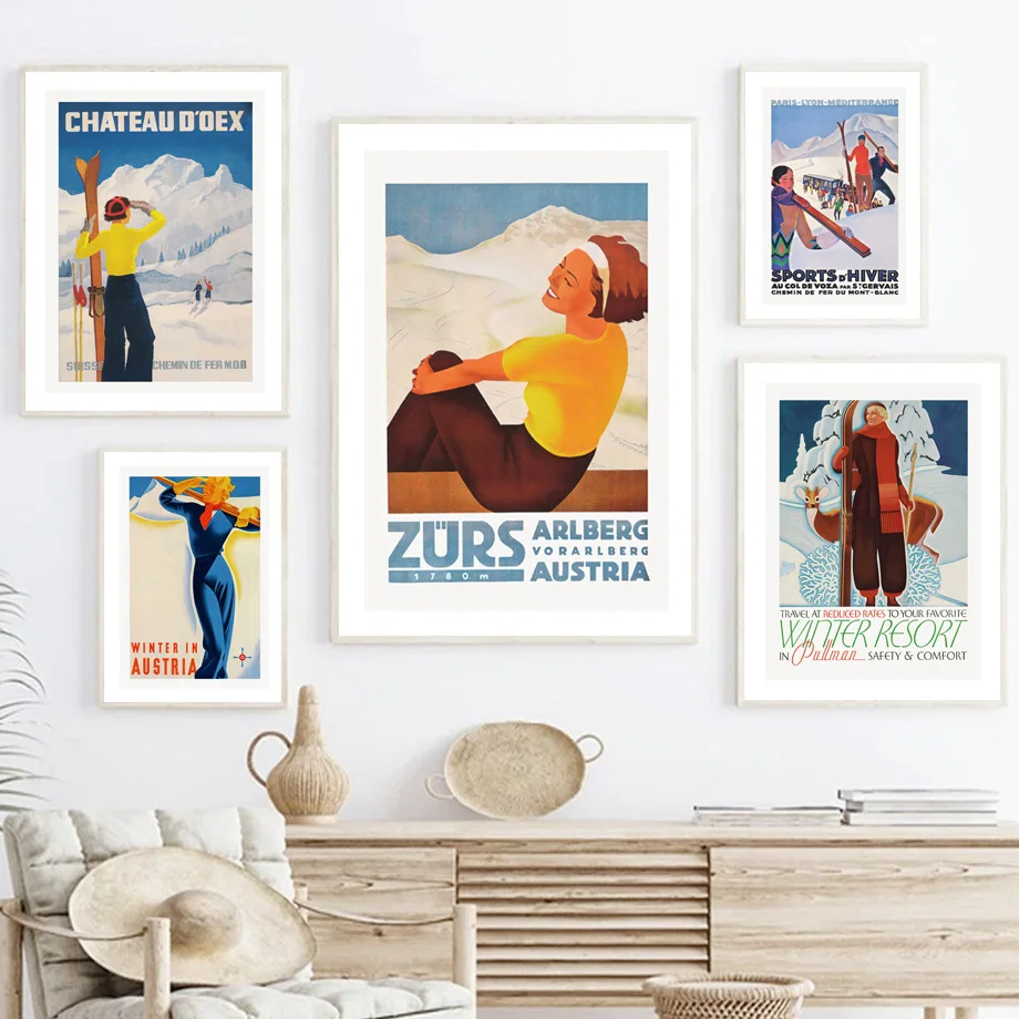 Картина Лыжная Девушка Ретро Холст Плакаты кабель Автомобиль картины доска очки