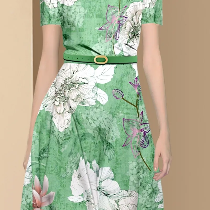 

Chiffon Loose Plus Size Women's Dress New Casual Fashion Dresses Mid-length Summer Flower Print O-neck Short Sleeve Houthion