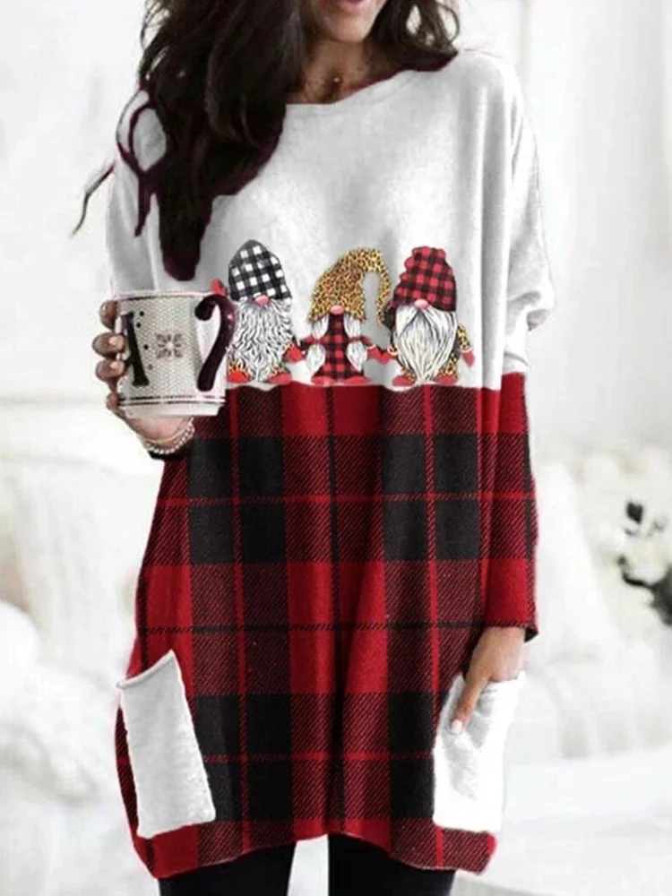 

2021 New Plus Size 5xl Women Christmas Elk Print T Shirt Vintage Dress Knee-Length Long Sleeve Autumn Winter Snow Print Holiday