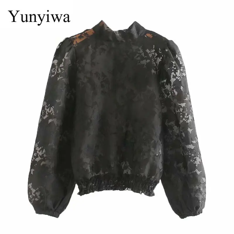 Женская блузка с длинным рукавом и вышивкой из прозрачной жесткой пряжи топы