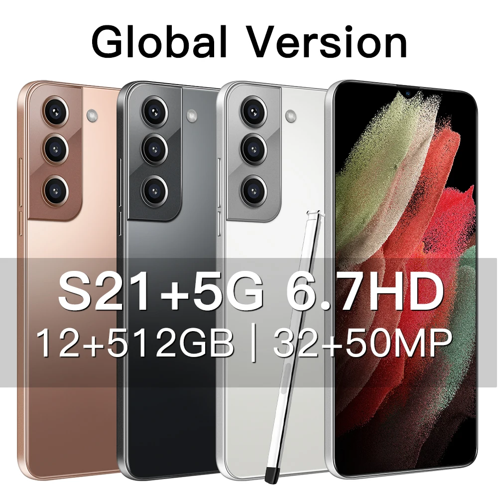 

Global Version Smartphones 6.7inch Galax S21+ Qualcomm888 Deca Core 50MP 12G RAM 512G ROM 2021 Newest Mobile Phone Undefined