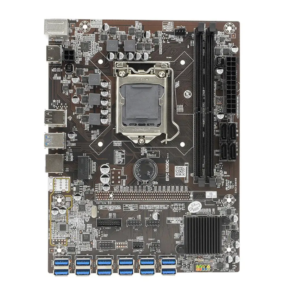 

Материнская плата B250 BTC для майнинга, системная плата 12 PCI-E16X Graph Card LGA 1151 16GB DDR4 DIMM SATA3.0 USB3.0, поддержка VGA DVI для майнинга