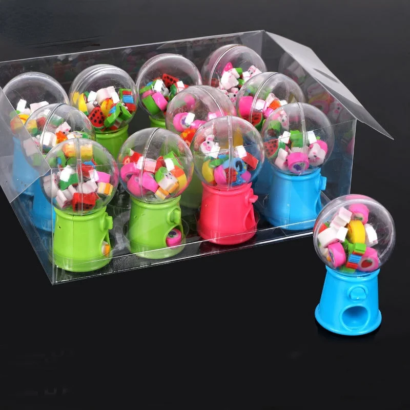 

12pcs Mini Twisted Egg Cute Fruit Animal Shaped Rubber Eraser Candy Machine Kawaii School Stationery Party Favor Kids Gifts