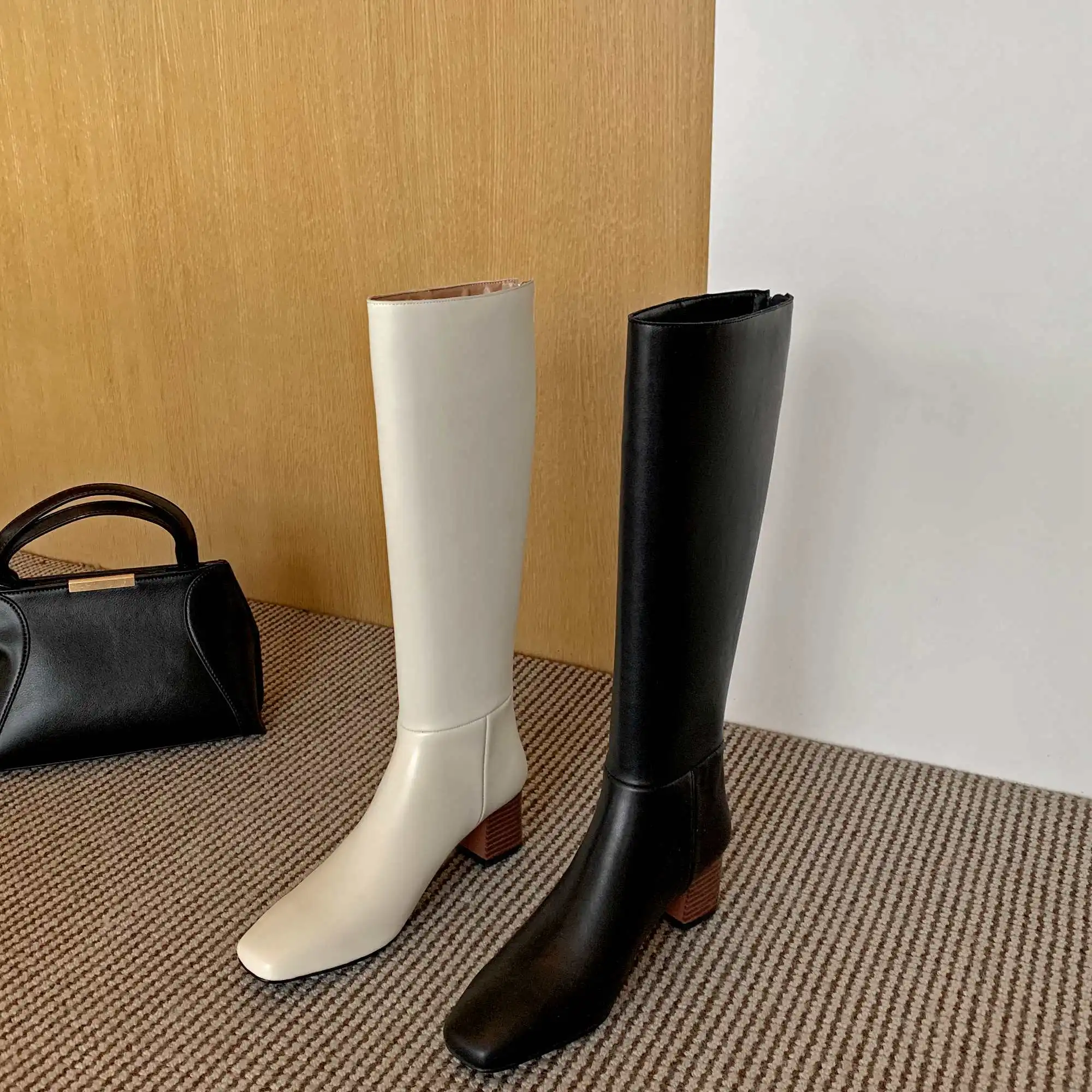 

Vichelo Hot korean street equestrian boots natural leather charming square toe thick med heel zipper mature knee-high boots L39