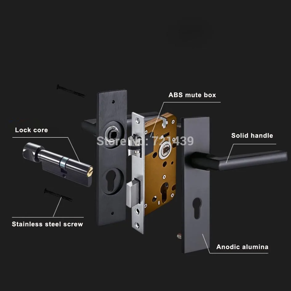 

Black solid space aluminum door locks Continental bedroom minimalist interior door handle lock cylinder security locks Packages