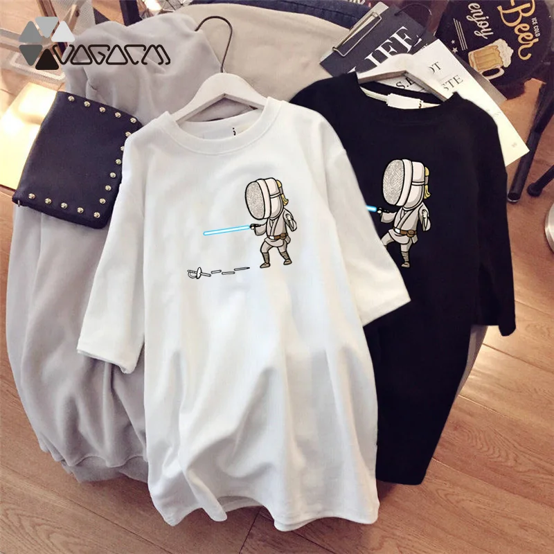 

New Summer Cartoon Fencing Print Dress Loose Mini Homewear Cute Harajuku Tshirt Dresses O-Neck Short Sleeve Streetwear