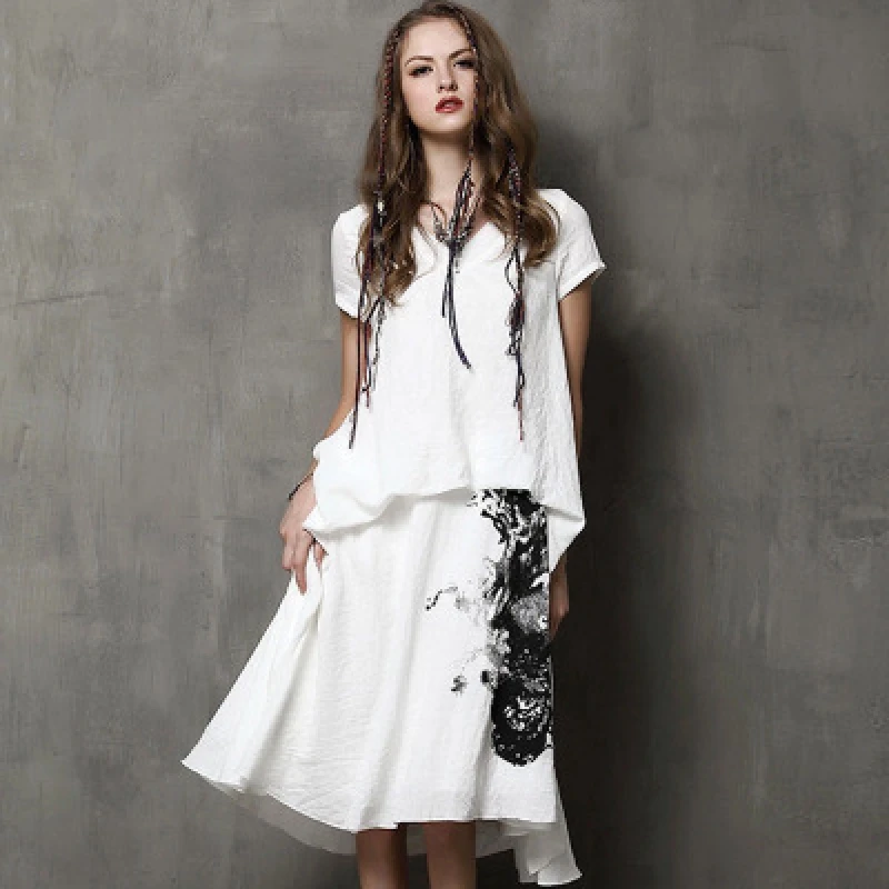

Summer Dress Women Printing Stitching Fashion Long Dress Female Vintage Ink Casual Dresses High Quality Ladies Vestidos QX284