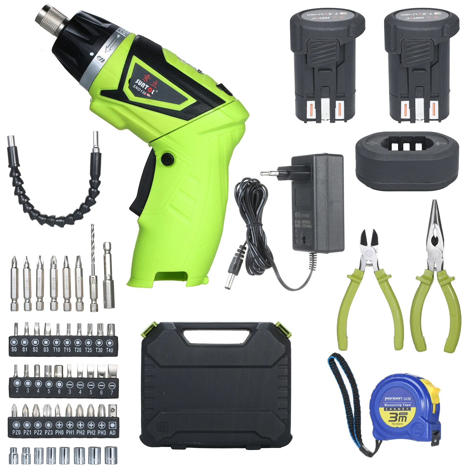 

6.0N.m Cordless Electric Screwdriver Power Tools with 40 Accessories Pliers and Tape Measure 7 Torque Setting 2 Position Handle