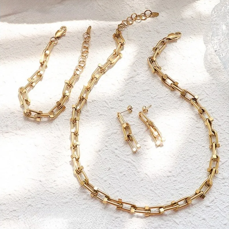 Pendientes de acero inoxidable con diseño de herradura en forma de U, collar grueso, pulsera dorada, conjunto de joyas chapadas en oro para Hip Hop para mujer