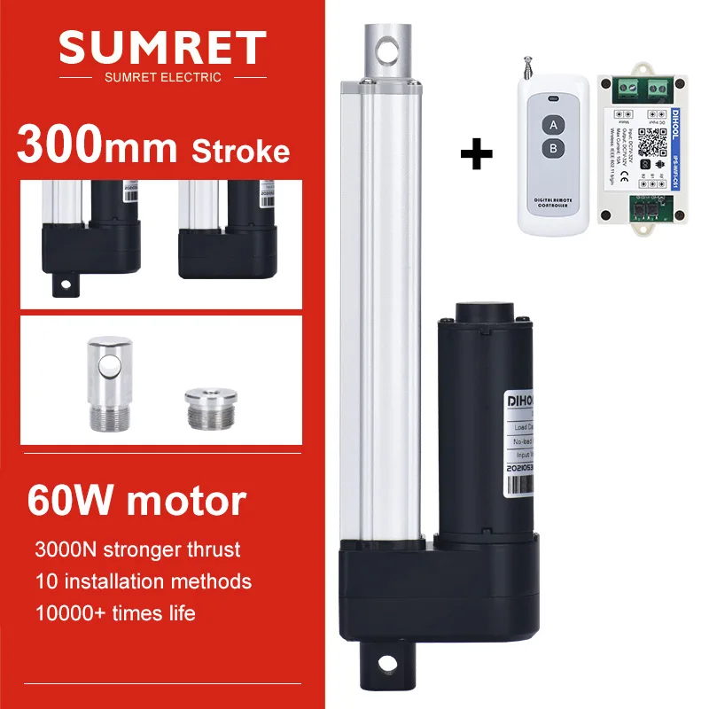 

300mm Stroke Mini Feedback Linear Actuator With RF Remote Controller Kit 1/2 Motor Control 3000N 1500N DC12V 24V Door Opener