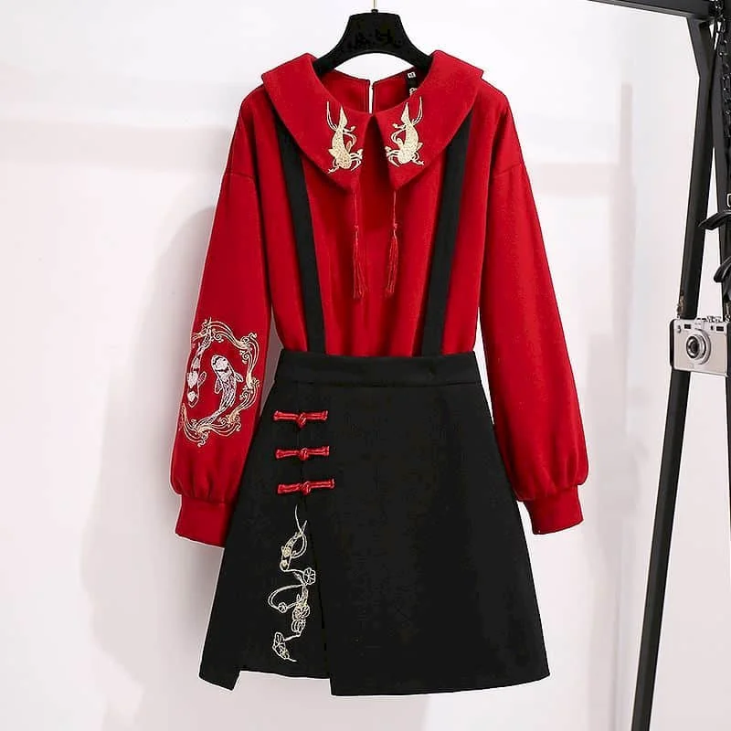 

Women's Plus Size Clothes Spring Autumn Strap Skirt Suit Retro Chinese Style Embroidery Hanfu Red Two-piece Harajuku Dress Set