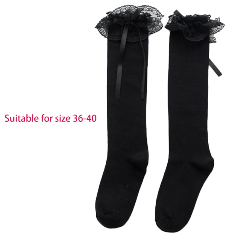 

Women Girls Cotton Stockings Sweet Ruffles Lace Trim Bowknot Knee High Long Socks Japanese Kawaii Hosiery Cosplay Costume