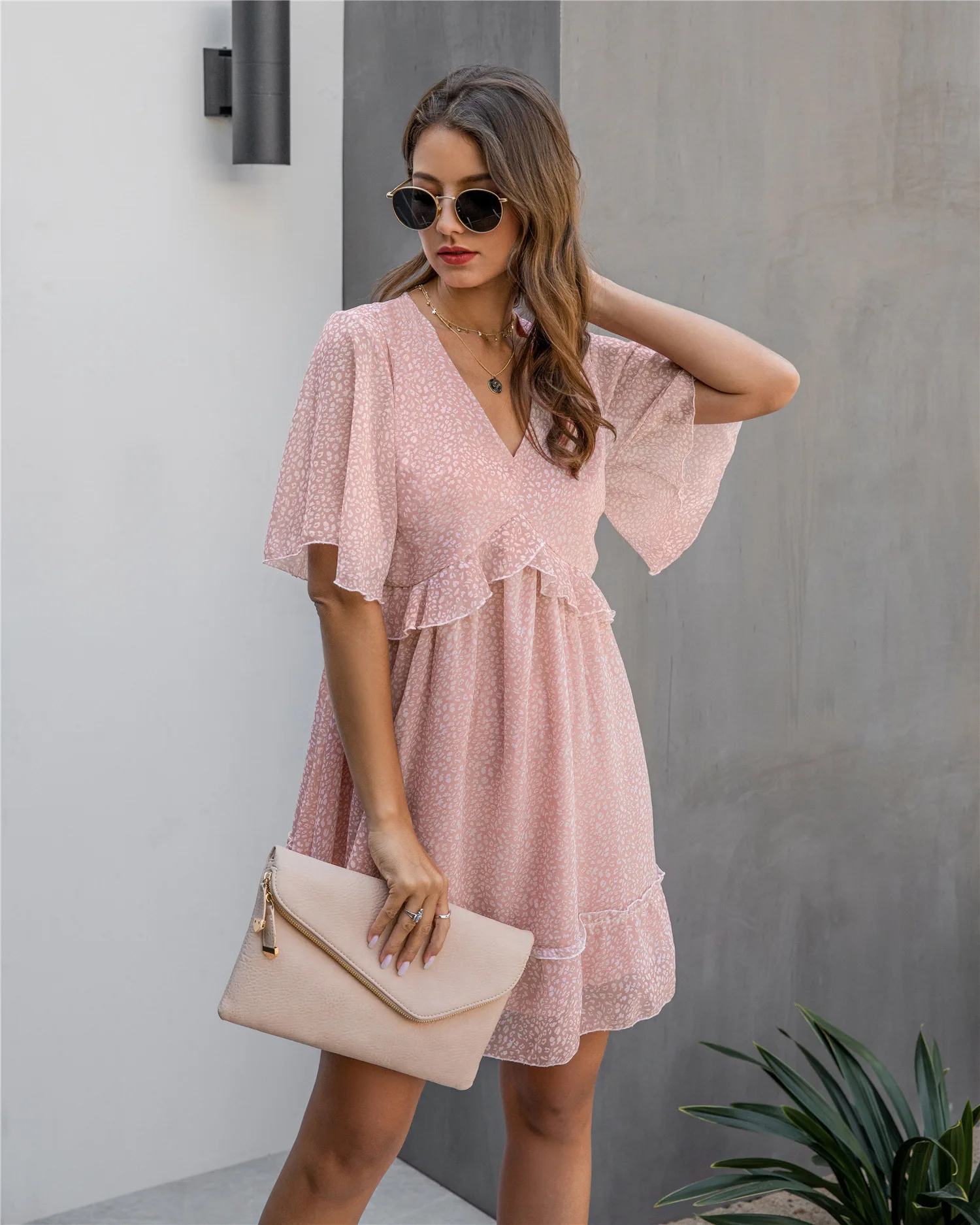 

Plus Size Women Dress Elegant A-Line Print Plus Size Vintage Clothing Summer Girls Printed V-neck Ruffled Dress Pink 2021