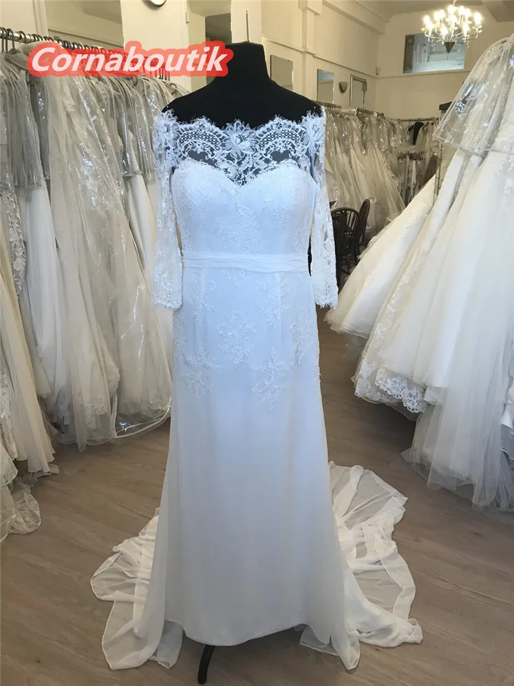 

Chiffon Wedding Dress COR-076 Vestido Blanco Lace Off the Shoulder 3/4 Sleeves Illusion Back Bridal Gowns Plus Size Custom Made