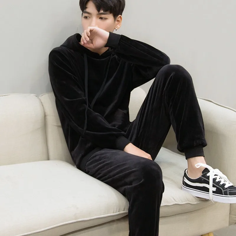 Мужской бархатный теплый спортивный костюм черная толстовка с капюшоном +