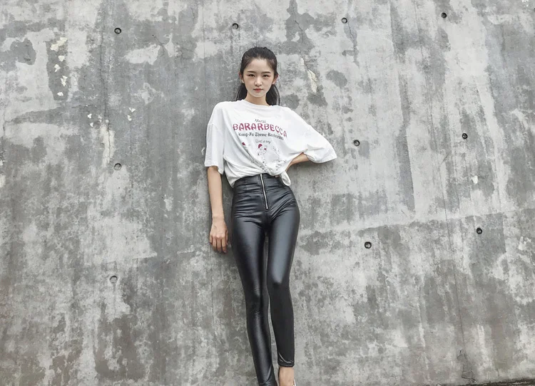 LIBERJOG Women Stretch Skinny Lift Hip PU Leather Pants Black Pencil Pants High Waist Plus Size Female Honey Peach Pants