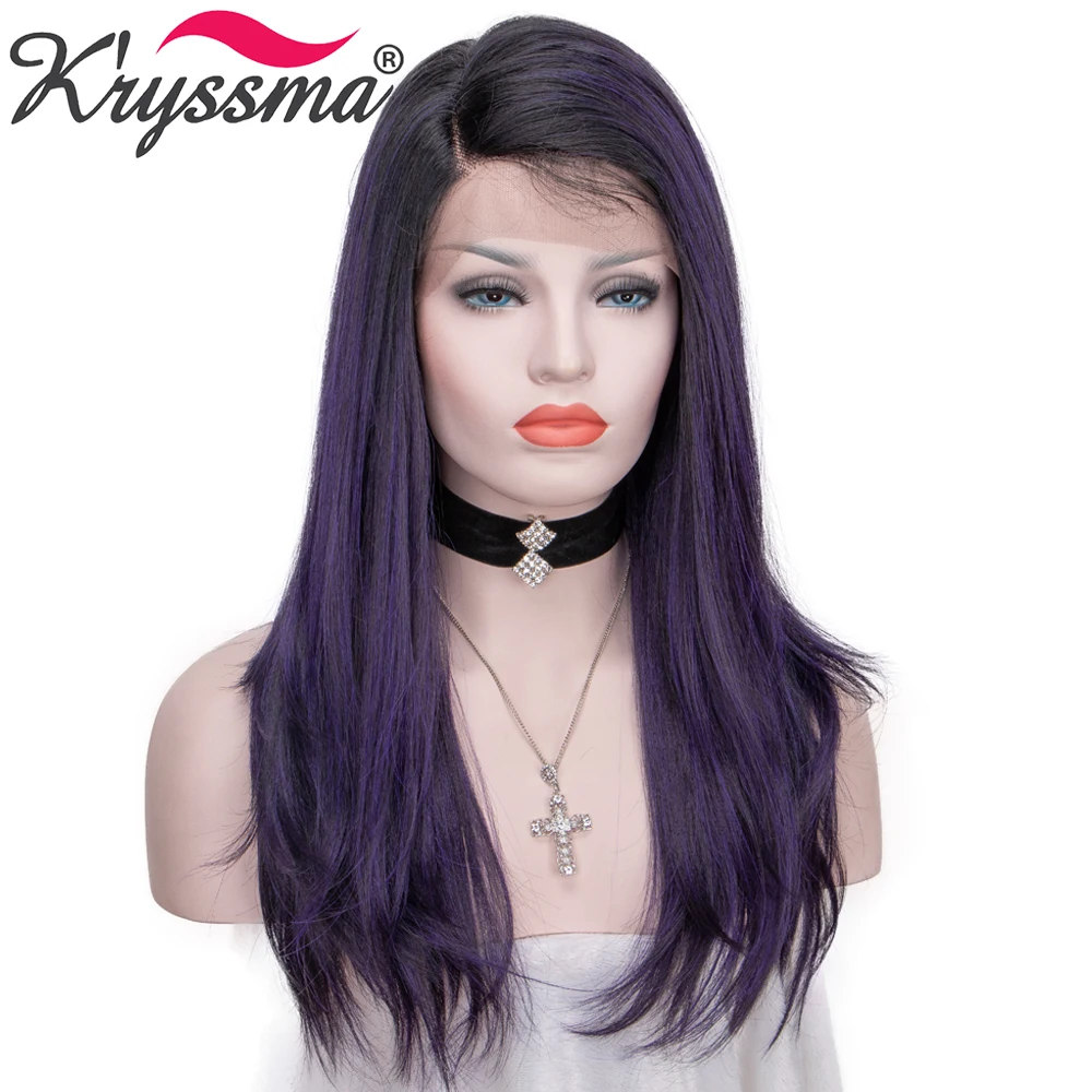 Kryssma Purple Synthetic Wigs For Women Green Straight Wig With Baby Hair Ombre Highlight Long Hair With Cosplay Wig Fiber Hair