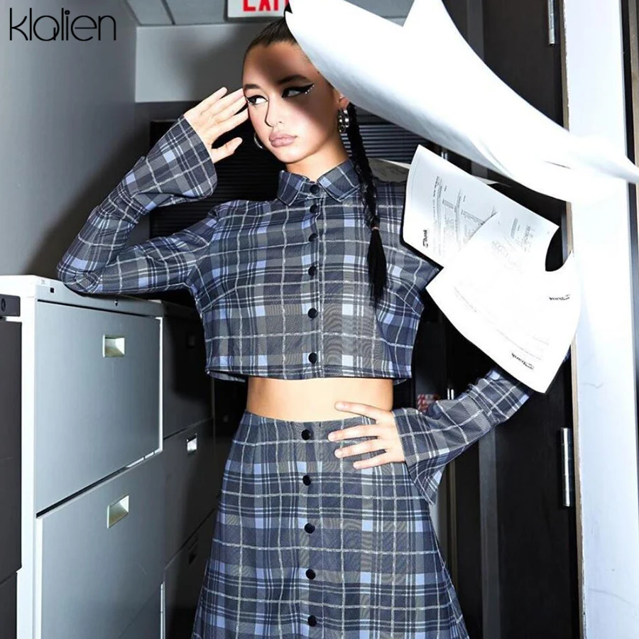 KLALIEN рубашка-поло с длинными рукавами и воротником в клетку + синяя юбка высокой