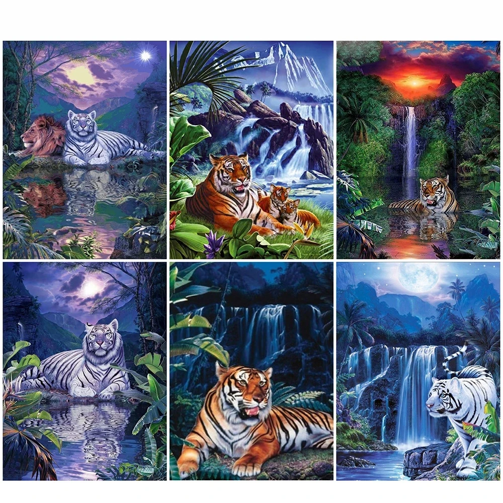 

5D Diy Diamond Painting Tiger Waterfall Scenic Full Square/round Drill Diamond Embroidery Mosaic Rhinestones Handmade Hobby