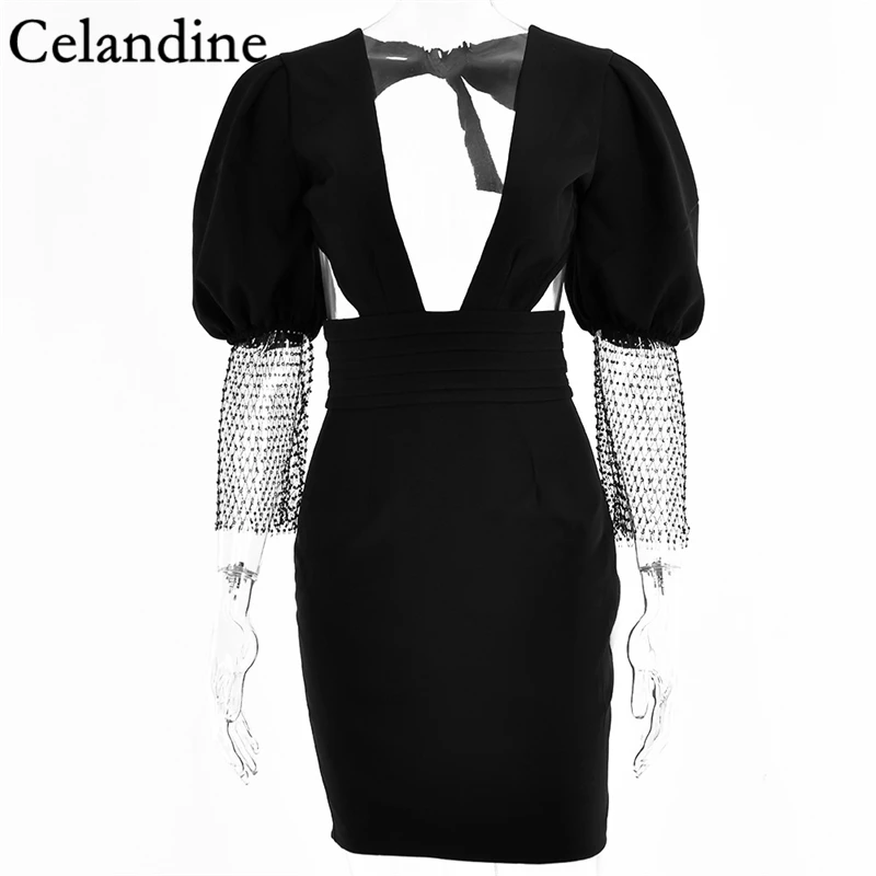 

Celandine White Sexy V Neck Mini Dress Women Black Backless Party Dresses Mesh Diamonds Short Sleeve Vestidos Spring Summer 2021