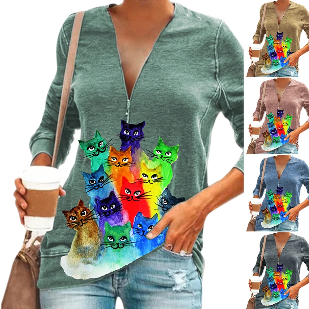 

Animal Printed t Shirt Women Top Causal Loose T-Shirt Female Long Sleeve V-Neck Spring Pullovers Zipper Women Clothing